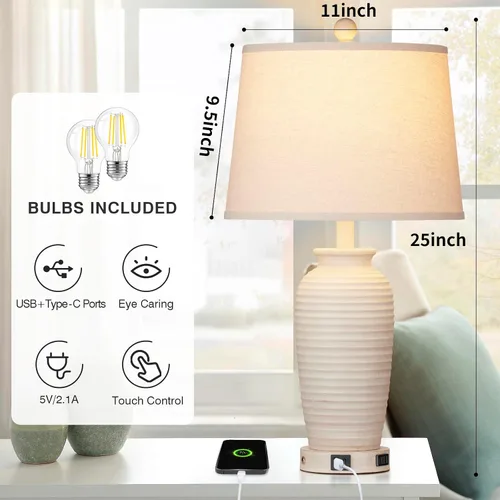 Vista 6 de CINSARY Juego de 2 lámparas de mesa con tarro de granja de 25 pulgadas, control táctil de 3 vías, lámparas de noche rústicas con puertos USB A+C