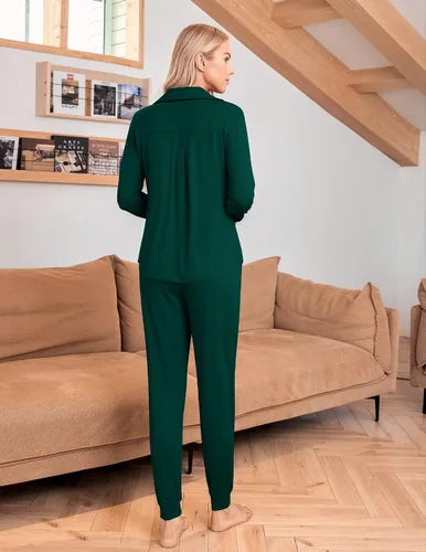 Vista 3 de Ekouaer Conjunto de pijama de manga larga para mujer, ropa de dormir con botones y bolsillos