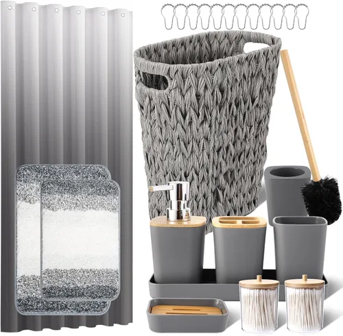 Vista 24 de Juego de accesorios de baño rosa con cortina de ducha y alfombras con purpurina, juegos de baño con alfombras de baño extrasuaves y absorbentes