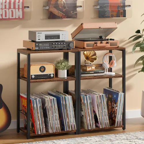 Vista 6 de Soporte para tocadiscos, mesa auxiliar de 3 niveles con almacenamiento de discos de vinilo, soporte para discos de vinilo de hasta 120 álbumes