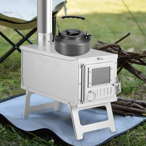 Vista 7 de Estufa de leña portátil para acampar con mochila y tubo de chimenea de 8.6 pies; ligera y plegable para tienda de campaña, caza, pesca en hielo