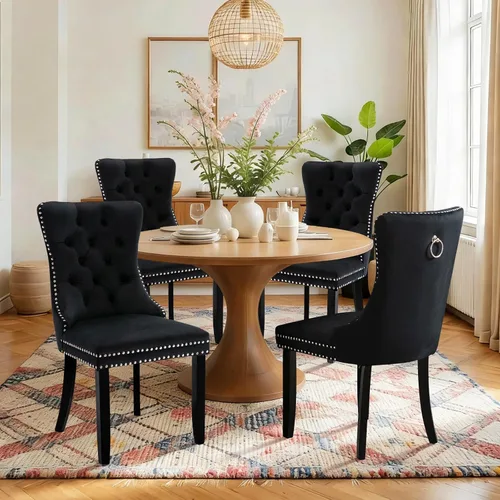 Vista 124 de Juego de 2 sillas de comedor de terciopelo con patas de madera, color beige Mid Century Modern Dining Chairs,Upholstered Chairs with Nailhead