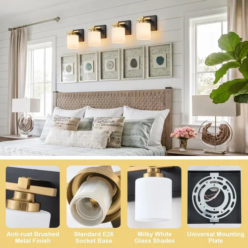 Vista 3 de 1 Luminaria Moderna de Baño sobre Espejo, Luces de Tocador Negro Dorado para Apliques de Pared de Baño con Pantallas de Vidrio Blanco Lechoso