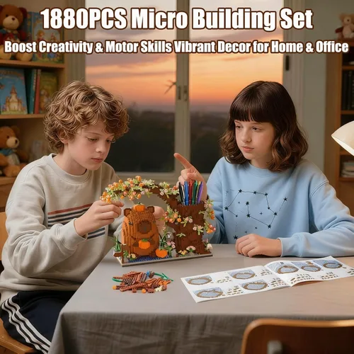 Vista 4 de Capybara - Juego de bloques de construcción de 1880 piezas de lindos animales y flores, kit de ladrillos de construcción Kawaii Capybara, juguete