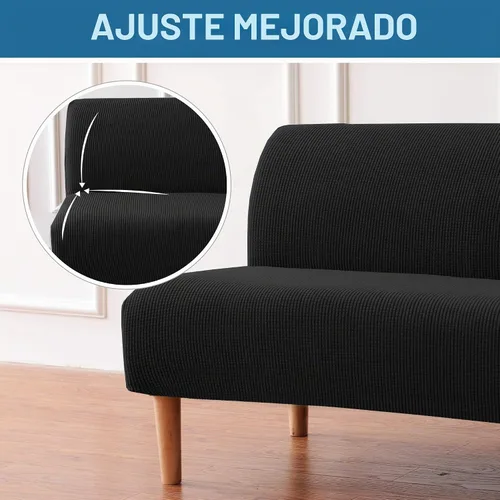 Vista 3 de H.VERSAILTEX Funda elástica para futón sin brazos, funda protectora elástica para sofá cama, textura rica en elastano, pequeños cuadros de tela Negro