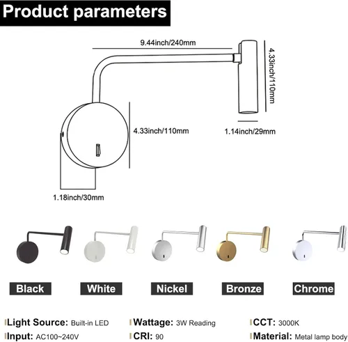 Vista 4 de ZEROUNO Lámpara Montada en Pared, Aplique de Pared LED Cableado con Interruptor de Encendido/Apagado Moderno de 3000K con Brazo Oscilante