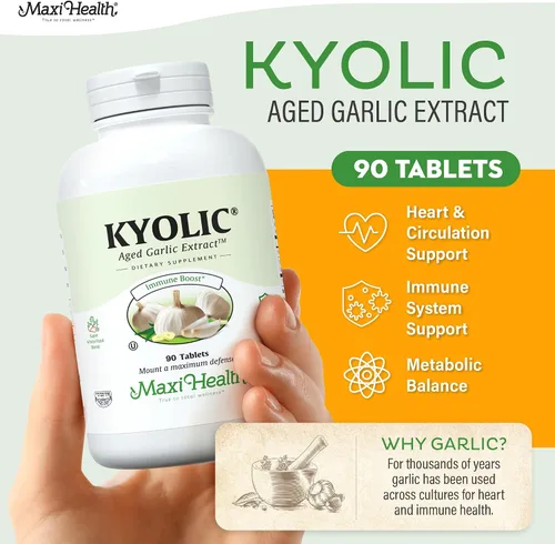 Vista 2 de Maxi Health Kyolic Suplemento de Ajo Orgánico - Tabletas de Ajo Kosher con Extracto de Ajo Envejecido Kyolic para Apoyo Inmunológico - Pastillas