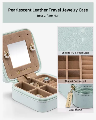 Vista 5 de Vlando Joyero de viaje pequeño de terciopelo de felpa, mini joyero portátil para mujeres, niñas, anillos, aretes, collares, pulseras, caja