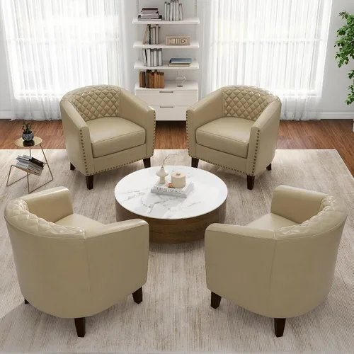 Vista 44 de Pia Ricco Silla de Acento Tipo Barril de Cuero Sintético, Silla de Club Moderna con Brazos, Cómoda Silla Individual Tapizada con Patas de Madera