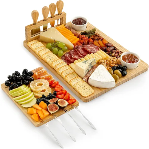 Vista 10 de Zulay Kitchen Juego de tablas de queso de bambú de alta calidad, juego de tablas de embutidos de bambú extra gruesas con juego de 4 cuchillos, tabla
