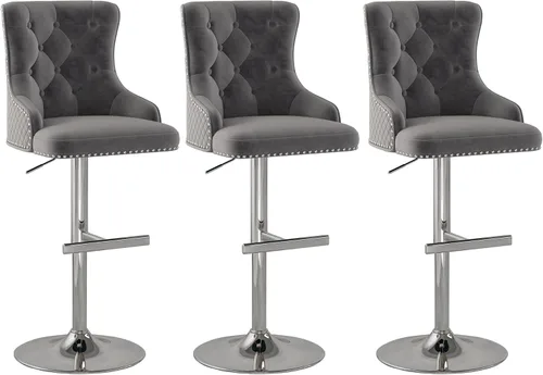Vista 13 de Juego de 2 taburetes de bar de terciopelo, altura ajustable, base de metal dorado, beige Diseño de cabeza de clavo, función giratoria, ideal