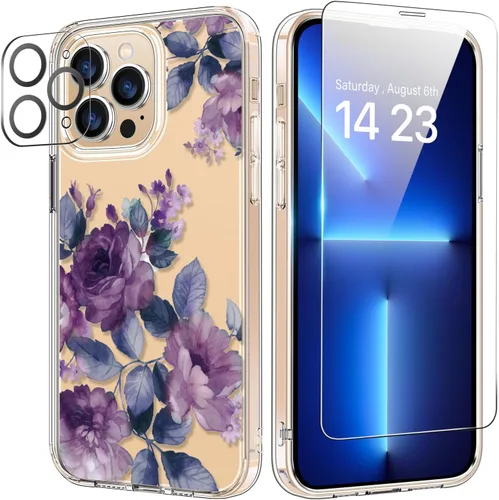 Vista 21 de bicol Funda para iPhone 14 Plus con Protector de Pantalla y Lente de Cámara - Diseños Florales de Moda para Mujeres y Niñas - Funda Transparente