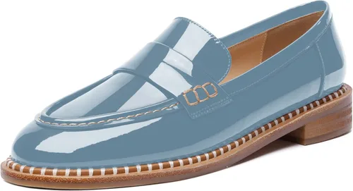 Vista 22 de FOGEENA Mocasines de tacón bajo para mujer, estilo casual, puntera redonda, de charol grueso, de 1 pulgada