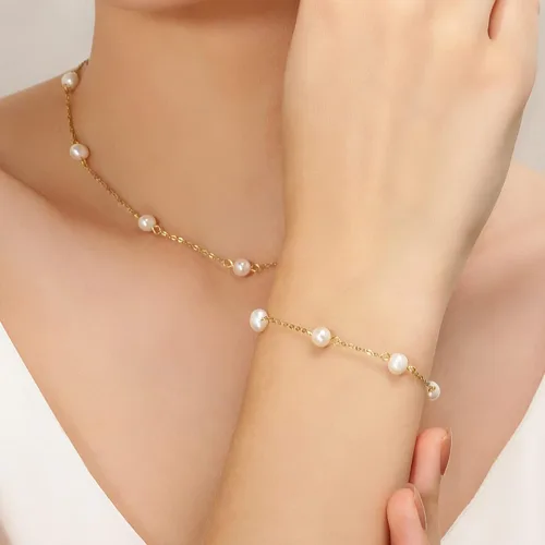 Vista 4 de Pulseras de perlas de oro para mujer, pulsera delicada de 14 quilates, pulsera ajustable a la moda, joyería vintage delicada de San Valentín