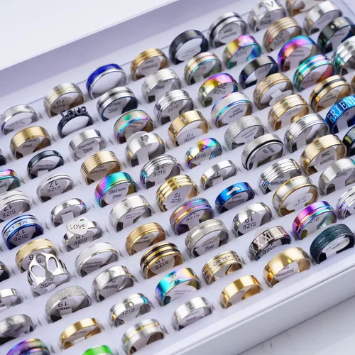 Vista 2 de 100 unidslote Moda Acero Inoxidable Raya Corazón Amor Anillos Joyería Para Mujeres Hombres Mezcla Estilo Fiesta Regalos Con Caja Al Por Mayor