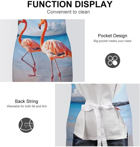 Vista 6 de MUSM Pink Flamingo on Beach Apron，Classic Vintage Funny with Pockets Aprons,Adjustable Bib Waterdrop Resistant for Kitchen Cooking Restaurant BBQ