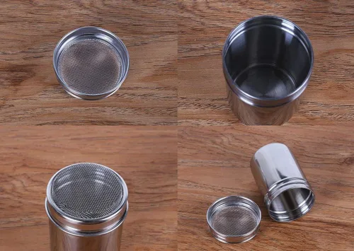 Vista 6 de Coctelera de azúcar en polvo con tapa, de acero inoxidable, de malla fina, canela, azúcar glaseada, harina de cacao, chocolate, café, tamizador