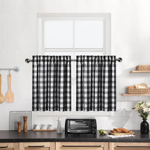 Vista 11 de Cortinas de Cocina Estilo Granja de Cuadros Vichy Blanco y Negro de 24 Pulgadas de Largo, Cortinas de Café de Media Ventana de Cuadros Buffalo
