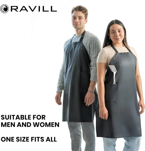 Vista 4 de Ravill Delantal impermeable para hombres y mujeres, 2 bolsillos, 35 pulgadas de largo, delantales de trabajo multiusos para lavavajillas, aseo