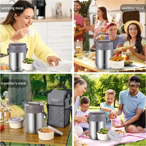Vista 6 de Lonchera para adultos con vacío, termo para sopa con insertos, lonchera bento apilable, contenedor de almacenamiento, boca ancha, de acero