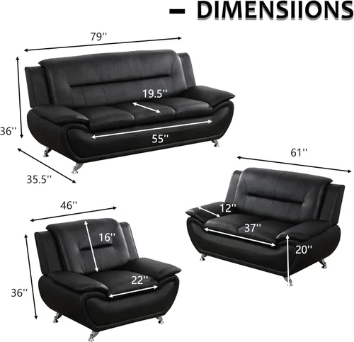 Vista 2 de Juego de sofá de cuero negro de 3 piezas para sala de estar, apartamento/oficina (sofás de cuero negro, juego de muebles de 3 piezas)
