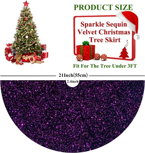 Vista 3 de Faldas de árbol moradas de Navidad de 21 pulgadas, faldas de árbol de lentejuelas con purpurina, decoración de tela de terciopelo, falda de árbol