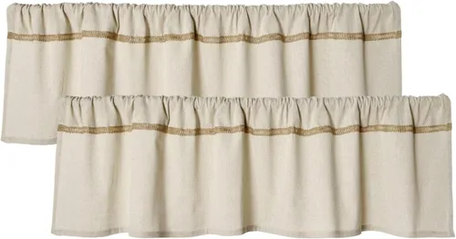 Vista 8 de Cenefa de lino de algodón para ventanas con ribete de encaje de arpillera rústica de 12 pulgadas, cenefa de cocina con bolsillo para barra, cortina