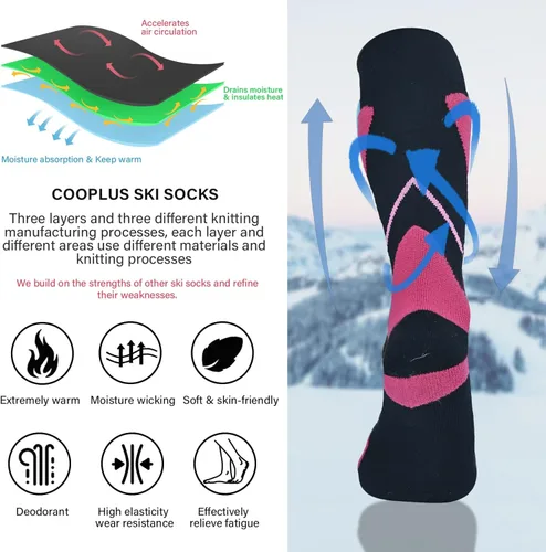 Vista 3 de COOPLUS 2 pares de calcetines de esquí para hombres y mujeres, calcetines de compresión hasta la rodilla para esquí, snowboard, senderismo, deportes