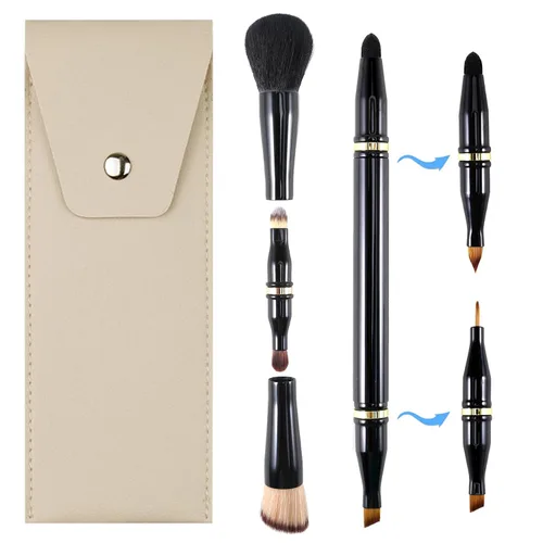 Vista 8 de Ponhey Juego de brochas de maquillaje de viaje 4 en 1, cepillo de maquillaje de viaje desmontable con estuche para base, polvo suelto, corrector