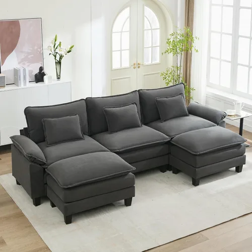 Vista 43 de URRED - Sofá seccional modular tipo nube, cómodo sofá cama de chenilla moderna con asientos profundos y otomán/almohadas para sala de estar