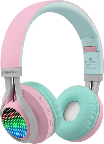 Vista 11 de Riwbox WT-7S audífonos estéreo plegables con Bluetooth y luces, inalámbricos, con micrófono y control de volumen para computadora, teléfonos