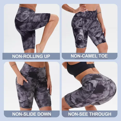 Vista 2 de GAYHAY Pantalones cortos de ciclismo con bolsillos para mujer, cintura alta, control de abdomen, pantalones cortos de entrenamiento suaves