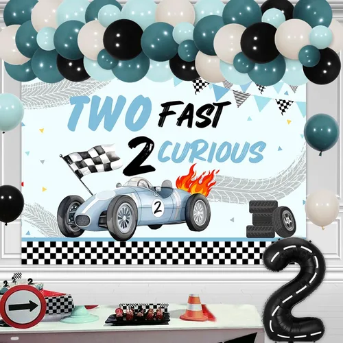 Vista 3 de Two Fast Two Curious - Decoraciones de cumpleaños para niño, decoración de segundo cumpleaños de coche de carreras, arco de globos azules y negros