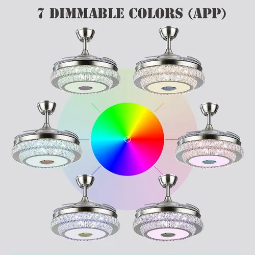 Vista 3 de Fandian Ventilador de techo de cristal moderno de 42 pulgadas con luces de control remoto, lámpara retráctil inteligente, lámpara Bluetooth