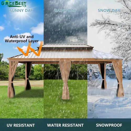 Vista 4 de Gazebo de techo rígido de 12 x 20 pies con acabado de grano de madera