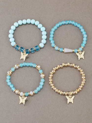 Vista 3 de Juego de pulseras con colgante de mariposa con cuentas de cristal bohemio, apilable, pulsera elástica apilable hecha a mano, multicapa colorida