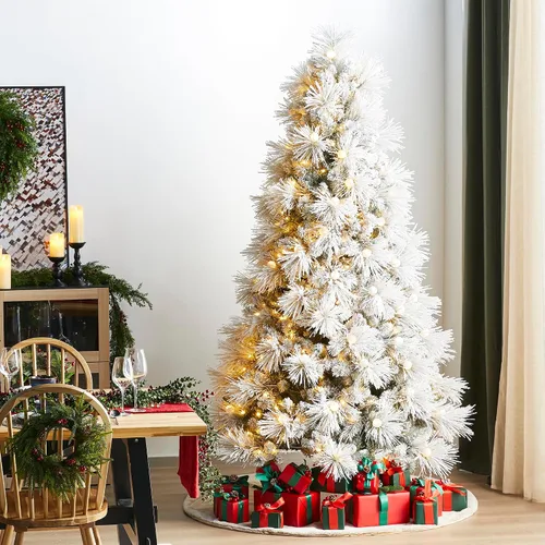 Vista 2 de Glitzhome Árbol de Navidad artificial preiluminado de 7.5 pies con 650 luces LED blancas cálidas, 3 modos de iluminación y pedal de pie, diseño
