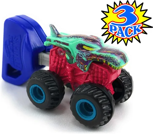 Vista 4 de Hot Wheels Monster Trucks Mini Mystery Trucks con lanzador de llaves (serie surtida), caja ciega de regalo, paquete de 3