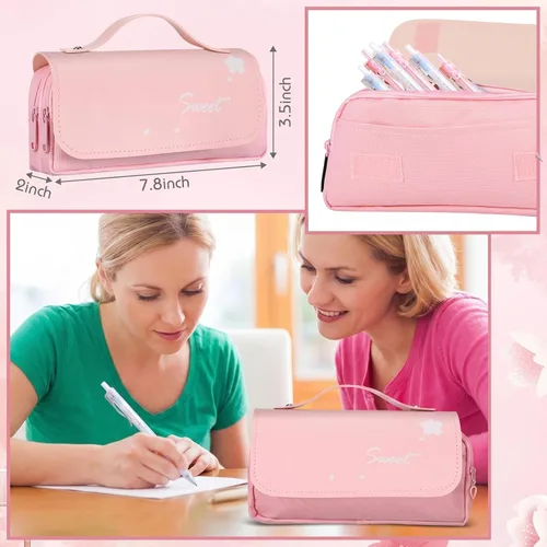 Vista 5 de Crtiin Juego de 74 piezas de papelería Kawaii con diseño de flor de cerezo, bolsa de lápices japonesa Kawaii, lápiz mecánico, borradores de cereza