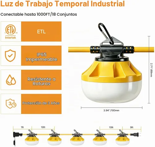 Vista 6 de Cadena de luces de construcción de 50 pies: Cadena de luces de trabajo de 50W con 5 bombillas y ganchos, Iluminación de construcción temporal IP65