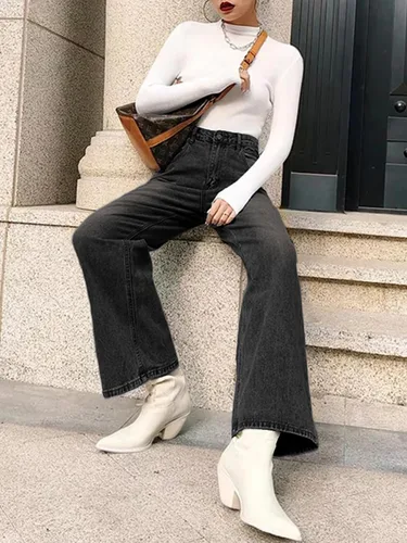 Vista 4 de HDLTE - Jeans de pierna ancha para mujer, pantalones holgados de cintura alta, pantalones de mezclilla tipo boyfriend Y2K