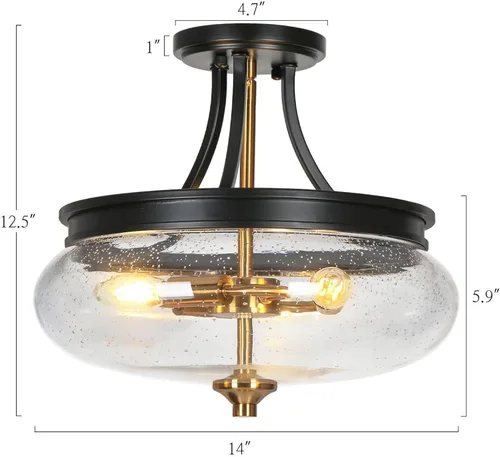 Vista 2 de classy leaves Lámpara de techo semiempotrada, color negro y dorado, lámpara de techo de 3 luces moderna de granja con vidrio sembrado para cocina
