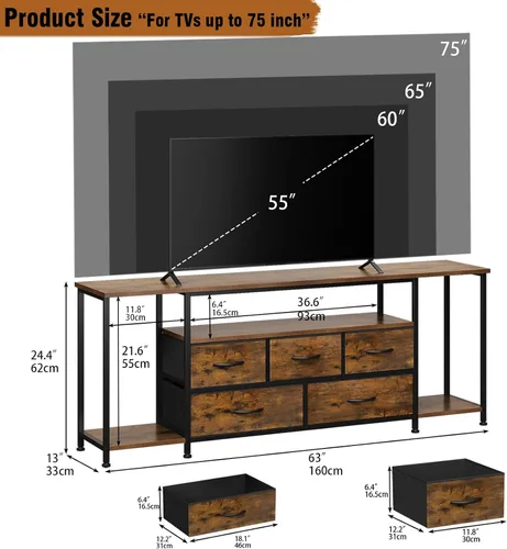 Vista 2 de Soporte de TV para televisores de hasta 75 pulgadas, mesa consola industrial de TV con 5 cajones de tela y 3 estantes abiertos, centro