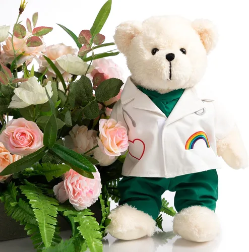 Vista 3 de HollyHOME Oso de Peluche Doctor Oso de Peluche en Batas y Bata Blanca Regalos para Médicos Estudiantes y Niños 16 Pulgadas, Crema