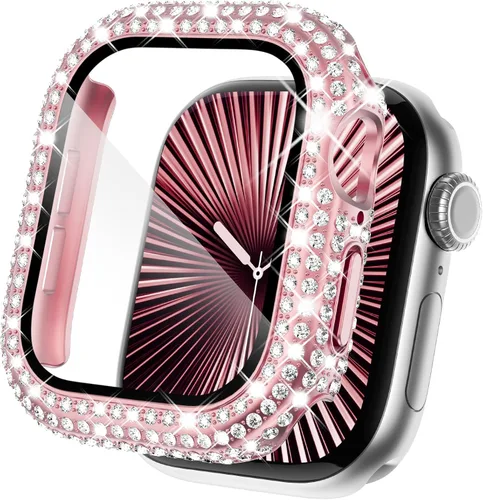 Vista 18 de KADES - Funda protectora completa compatible con iWatch, con protector de pantalla de vidrio templado incorporado, brillante y con diamantes de Negro