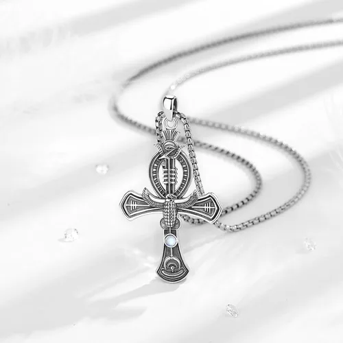 Vista 2 de Vito Egyptian Necklace for Women Men, 925 Sterling Silver AnubisAnkh CrossEvil EyeEgyptian Goddess Pendant for Mom Dad, Egypt Protection Jewelry