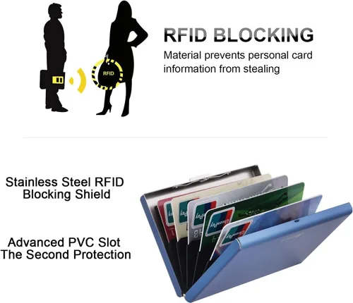 Vista 51 de BONSYL® Soporte para tarjetas de crédito, cartera delgada de metal con bloqueo RFID, con 6 ranuras para tarjetas, para mujeres y hombres.