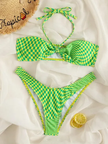 Vista 3 de MakeMeChic Conjunto de bikini de 2 piezas a cuadros con tanga de corte alto para mujer