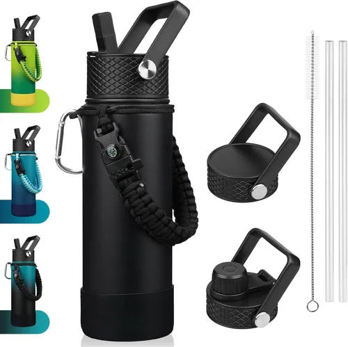 Vista 52 de BJPKPK - Botella de agua con tapa de popote, botellas de agua aisladas de 18 onzas con 3 tapas, asa de cuerda de paracaídas y base antideslizante