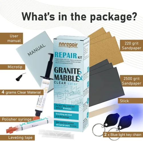 Vista 8 de Kit de reparación de encimera de mármol, granito y cuarzo (transparente) – Soluciona tus defectos como un profesional I También para kit